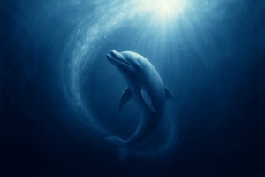 A dolphin ascends through deep blue ocean light, surrounded by swirling bubbles and soft rays, symbolizing freedom, discernment, and the movement of faith into the mystery of Spirit.