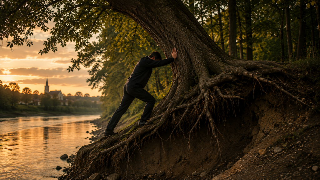 A pastor braces against a leaning tree with exposed roots along an eroded riverbank at sunset, symbolizing the hidden weight clergy often carry within fragile governance systems.