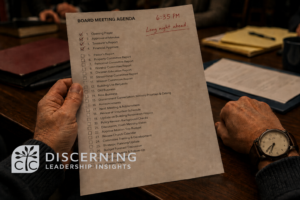 Hands hold an overloaded church board agenda showing 6:35 PM, with many items still unfinished during an evening meeting.