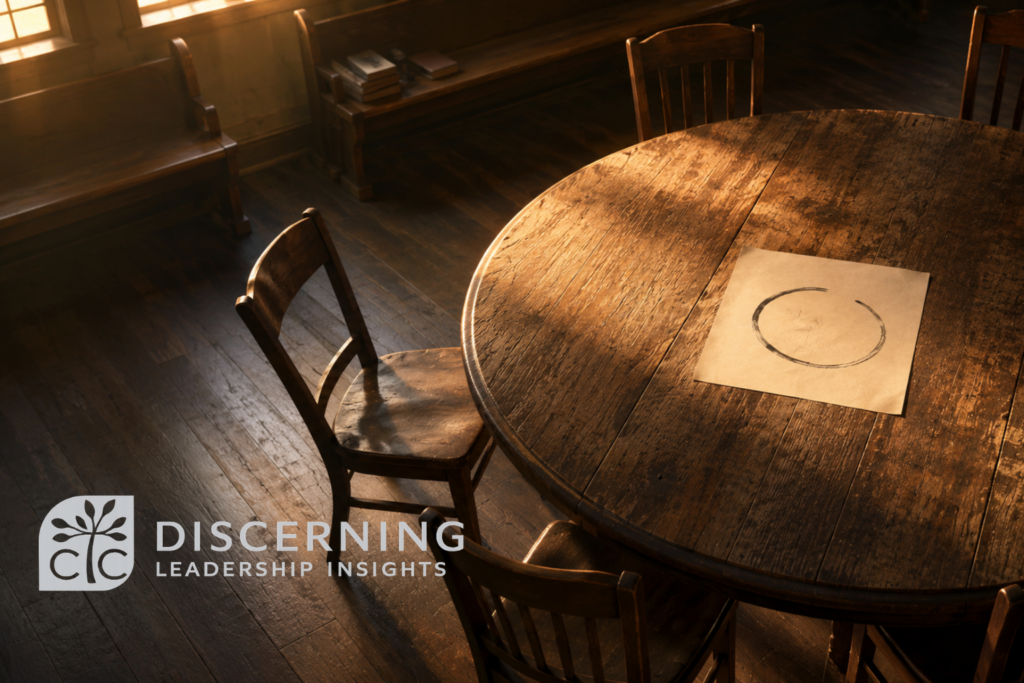 Weathered wooden table in a softly lit church meeting room with an unfinished circle drawn on a sheet of paper, symbolizing discernment still in progress.