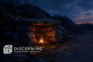 Small flame protected by a weathered stone shelter in a dusk-blue landscape.