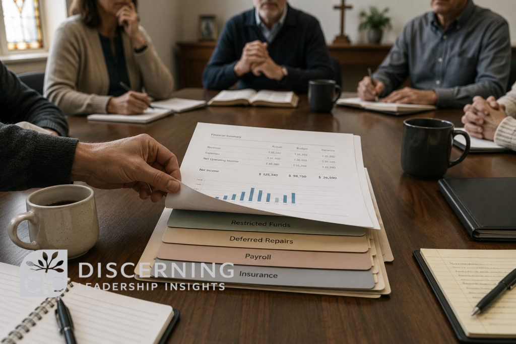 A church board member lifts a financial summary to reveal folders labeled Restricted Funds, Deferred Repairs, Payroll, and Insurance beneath it.