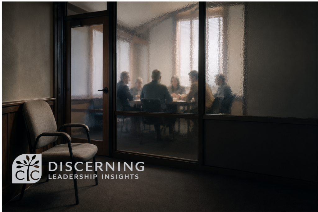 An empty chair outside a frosted-glass meeting room, where church leaders gather out of view, symbolizing confidentiality, opacity, and trust.