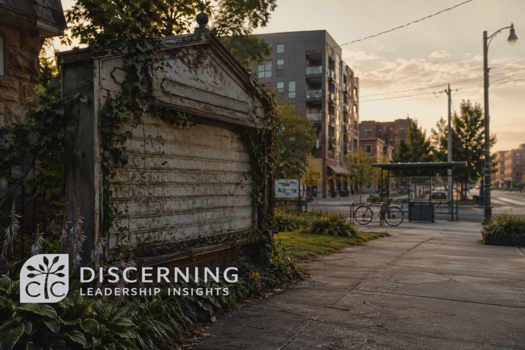 Weathered church sign beside a changed neighborhood, with vines, storefronts, bicycles, and soft morning light suggesting memory and discernment.