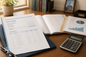 Warm church-office desk with a bank statement, accounting ledger, financial report, and calculator, illustrating that cash is only one part of a church’s financial picture.