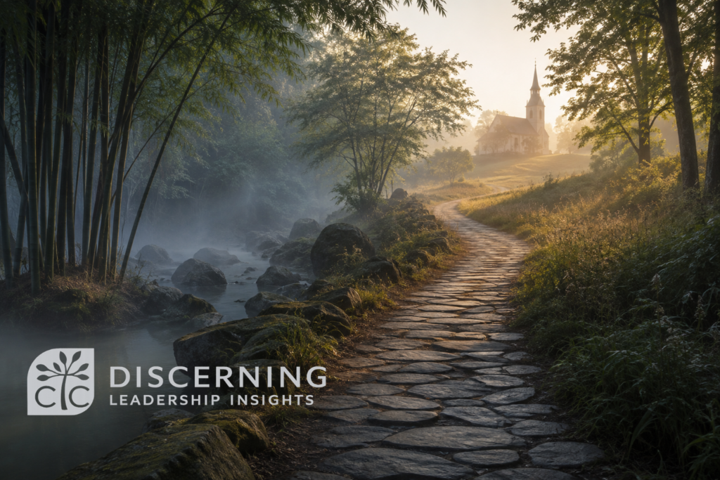 A stone path passes from a misty bamboo grove beside quiet water toward a sunlit church, symbolizing Daoist formation carried into Christian work.