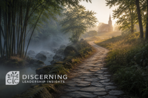 A stone path passes from a misty bamboo grove beside quiet water toward a sunlit church, symbolizing Daoist formation carried into Christian work.