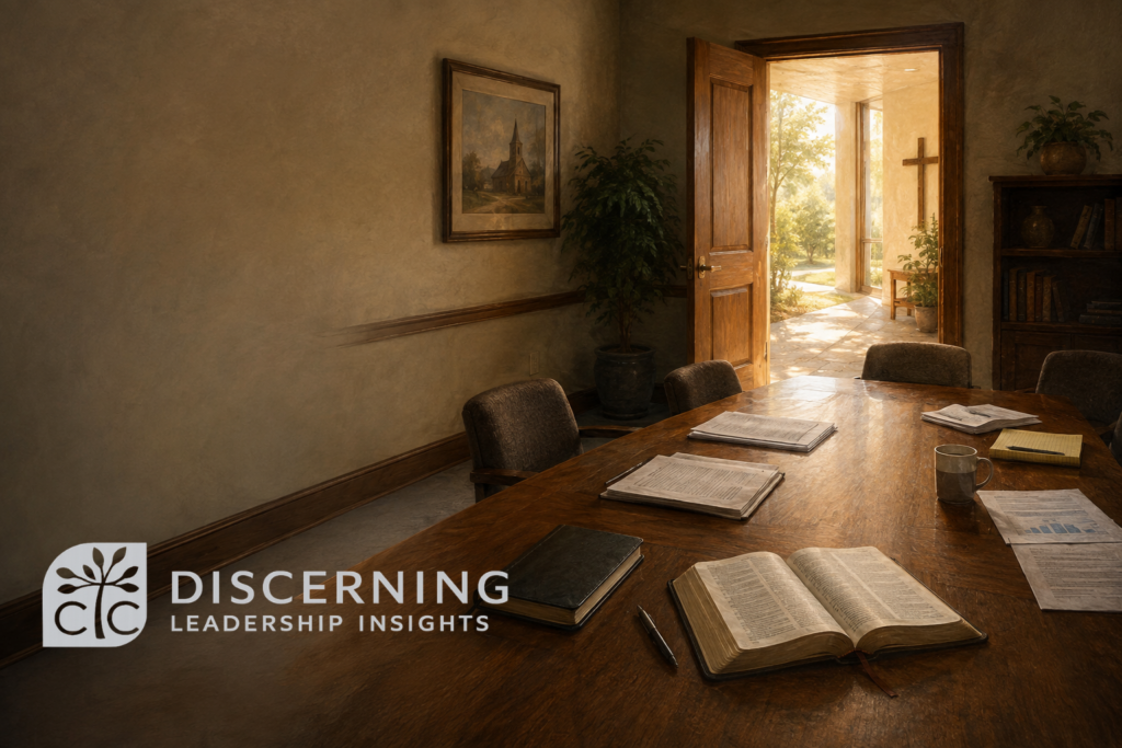 Warm church boardroom with a wooden meeting table, open Bible, papers, and an open doorway leading into bright natural light.