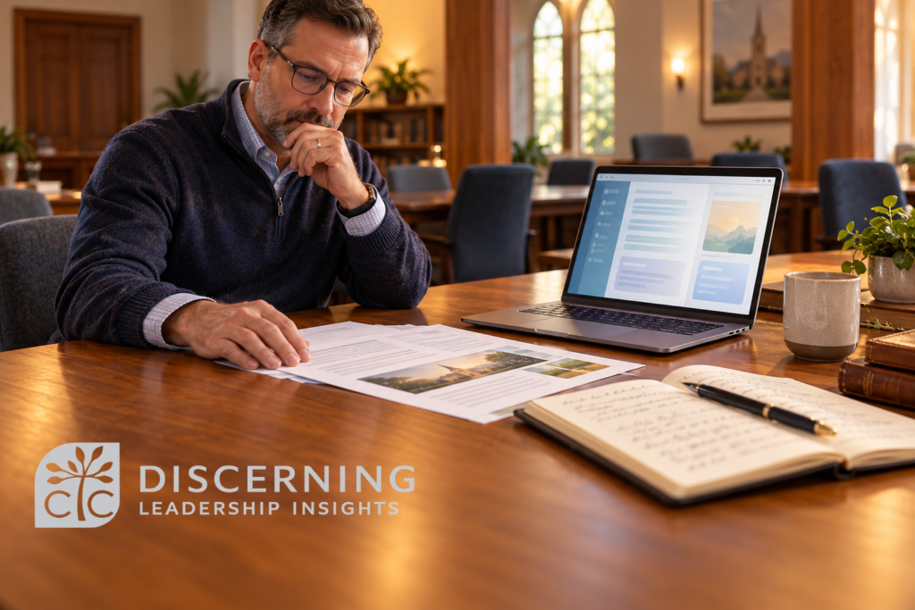 Church leader seated at a desk with an open laptop, printed documents, notebook, and pen, reflecting on responsible human use of artificial intelligence.