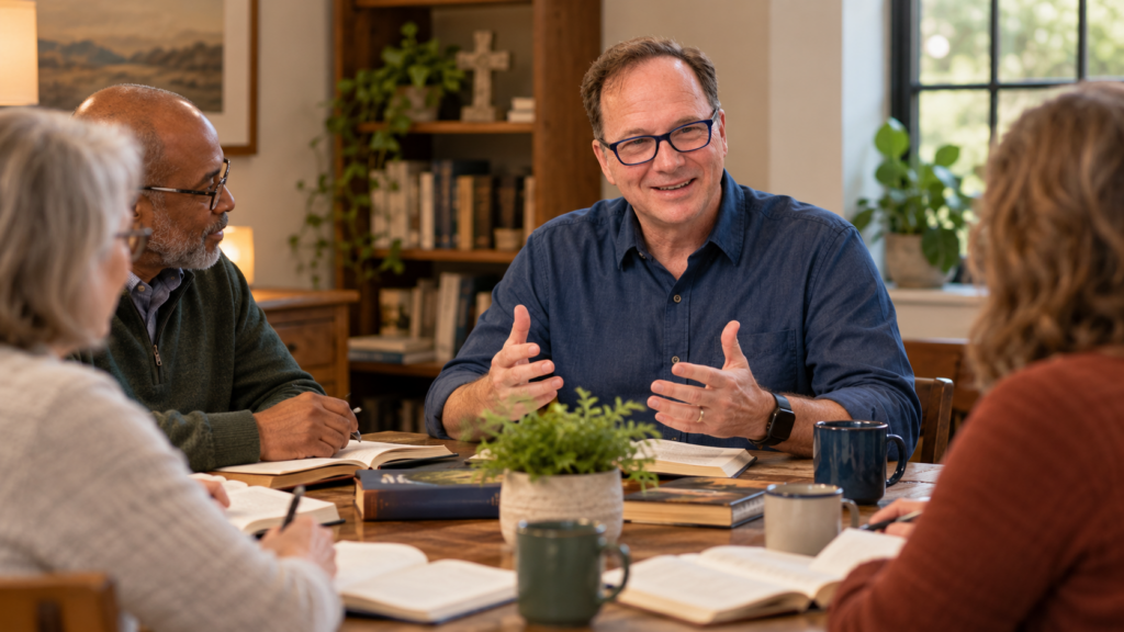 Keith Clark-Hoyos leading a small-group Foundations training discussion with ministry leaders seated around a wooden table in a warmly lit study.