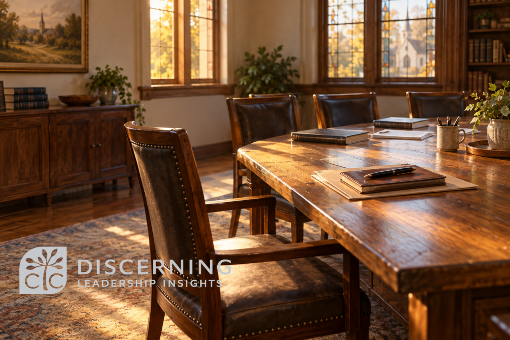 Sunlit church leadership meeting room with an empty chair pulled back from a wooden table set with notebooks, folders, and documents.
